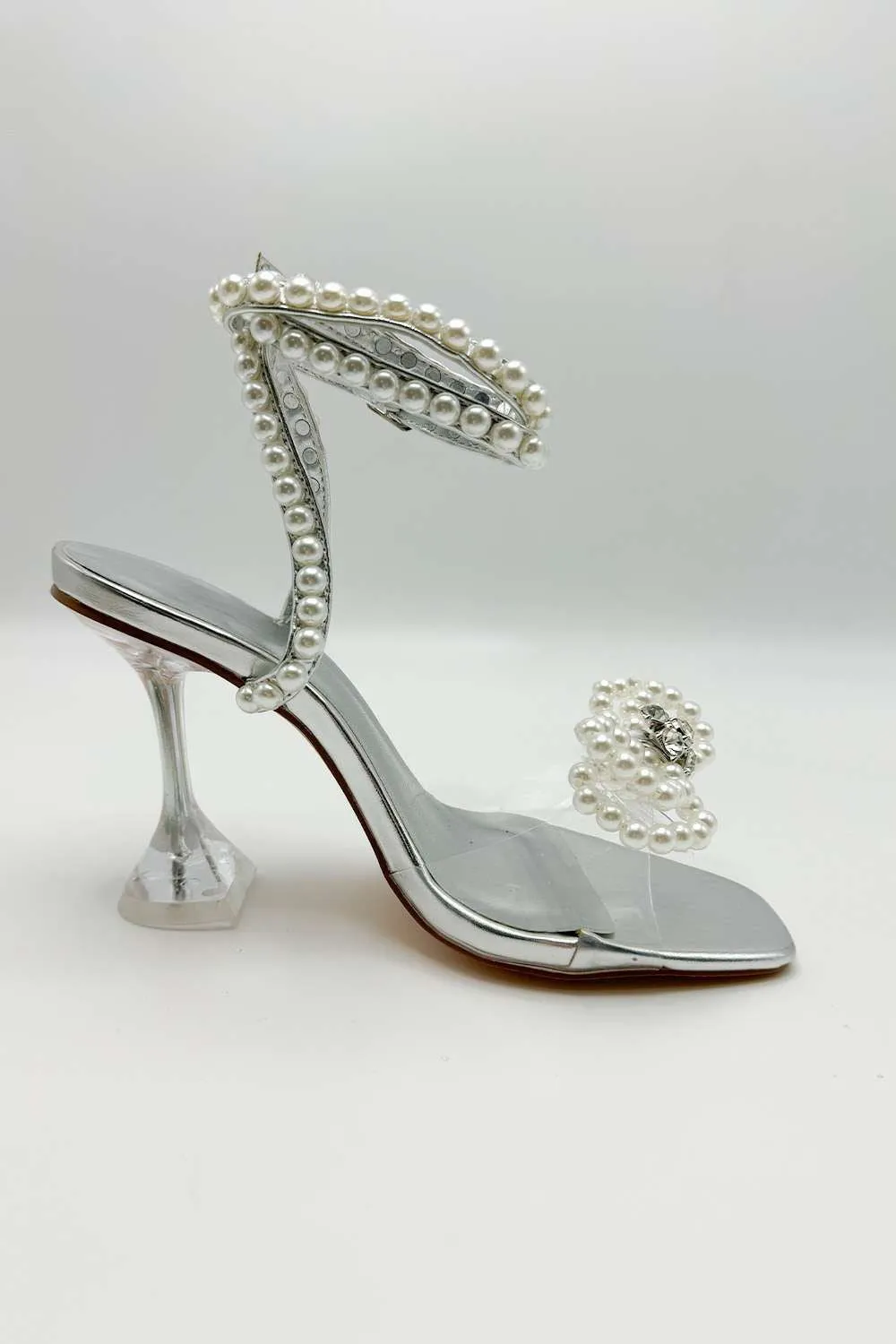 Pearlie Perspex Faux Pearl Bow Detail Heeled Sandals in Silver