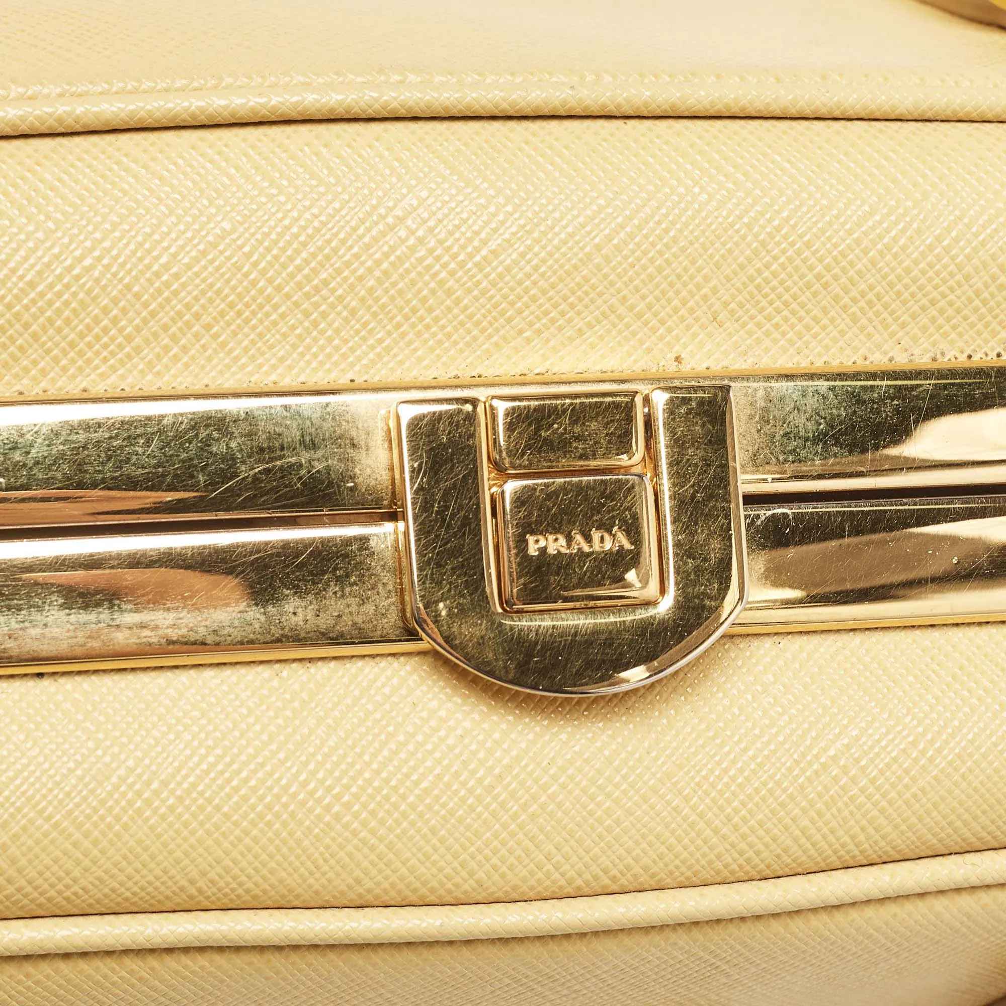 Prada Yellow Saffiano Lux Leather Pyramid Frame Satchel