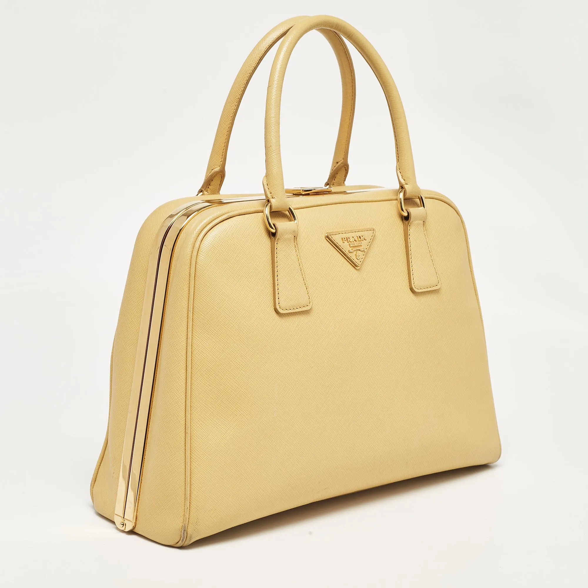 Prada Yellow Saffiano Lux Leather Pyramid Frame Satchel