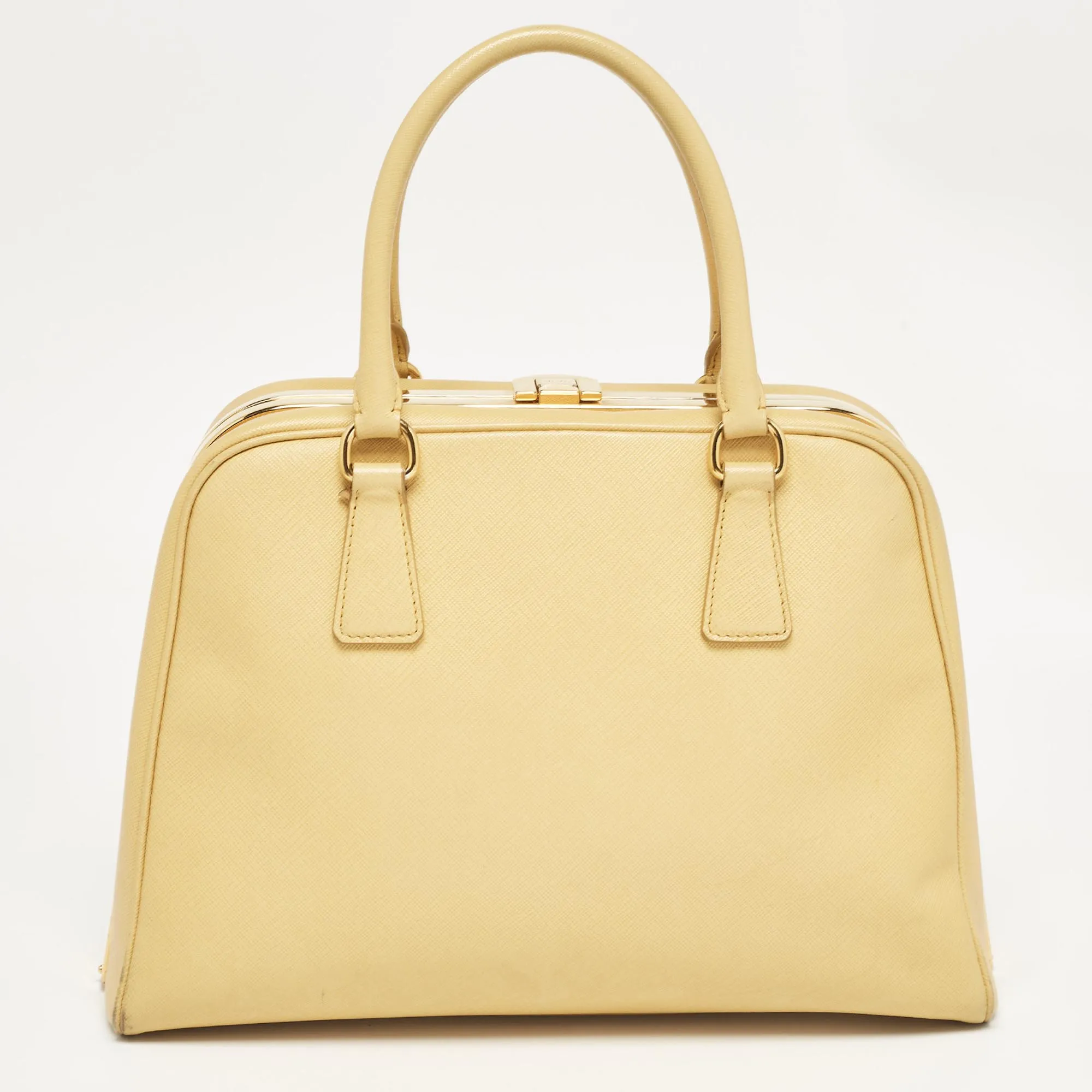 Prada Yellow Saffiano Lux Leather Pyramid Frame Satchel