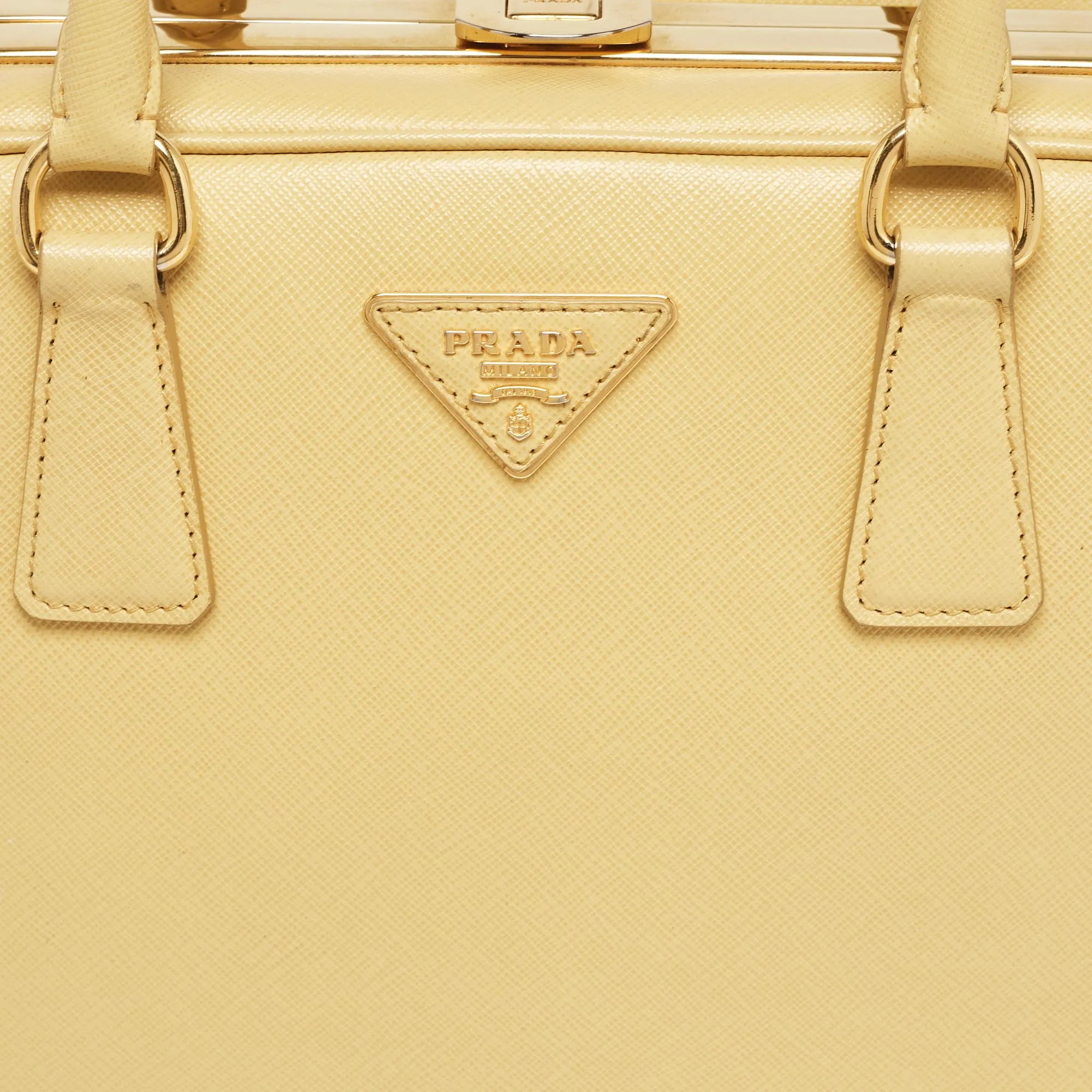 Prada Yellow Saffiano Lux Leather Pyramid Frame Satchel