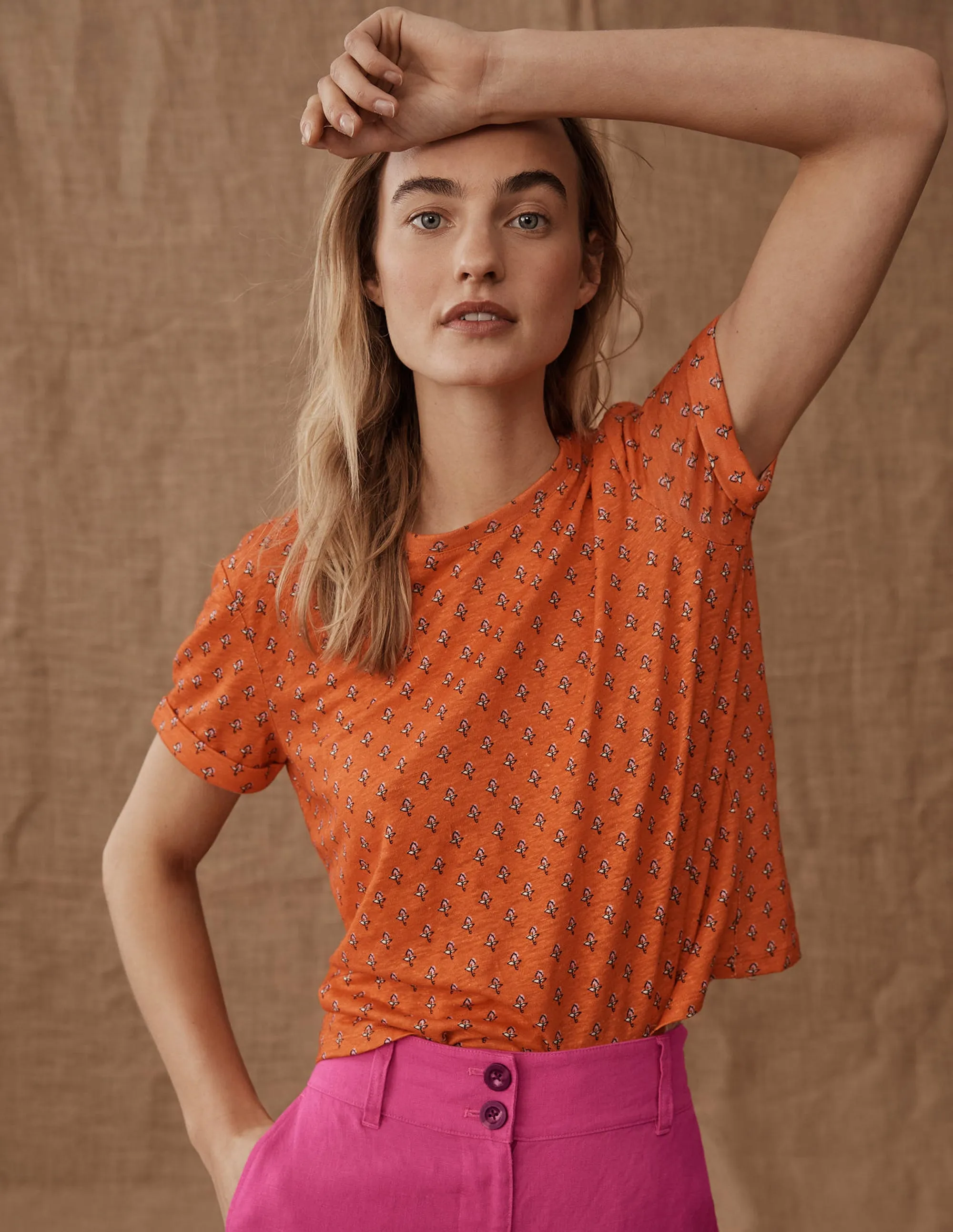 Printed Linen T-shirt-Blood Orange, Tulip Blush