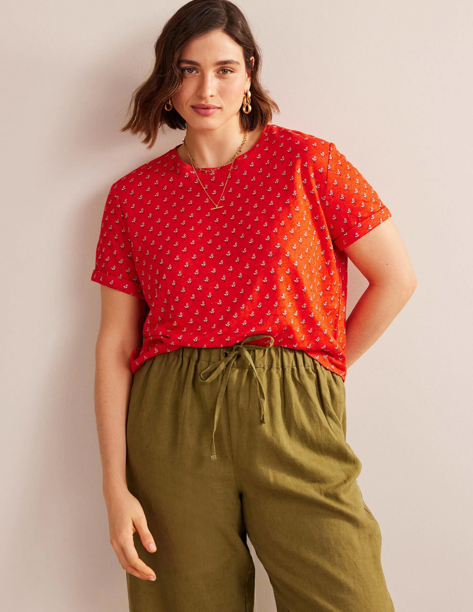 Printed Linen T-shirt-Blood Orange, Tulip Blush