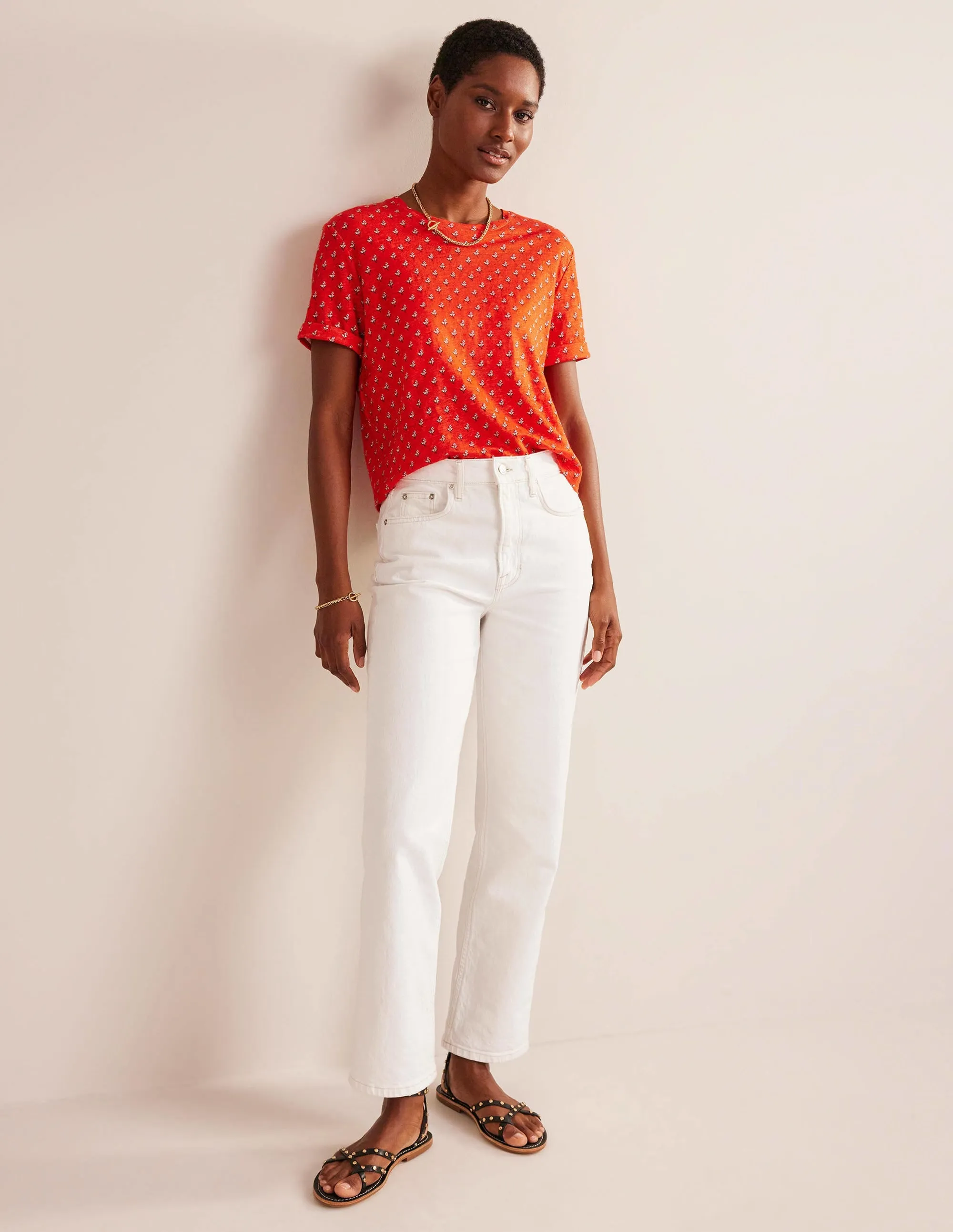 Printed Linen T-shirt-Blood Orange, Tulip Blush