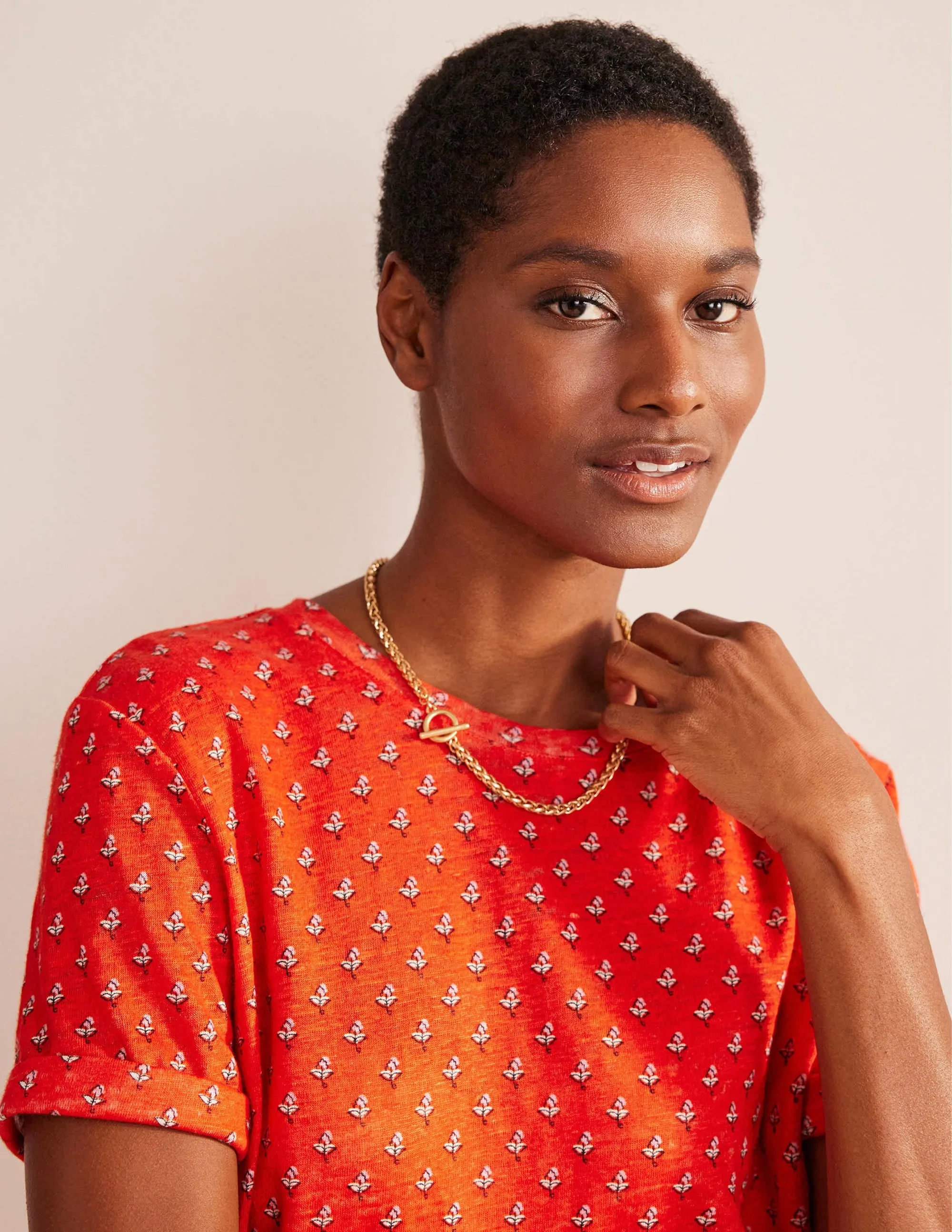 Printed Linen T-shirt-Blood Orange, Tulip Blush