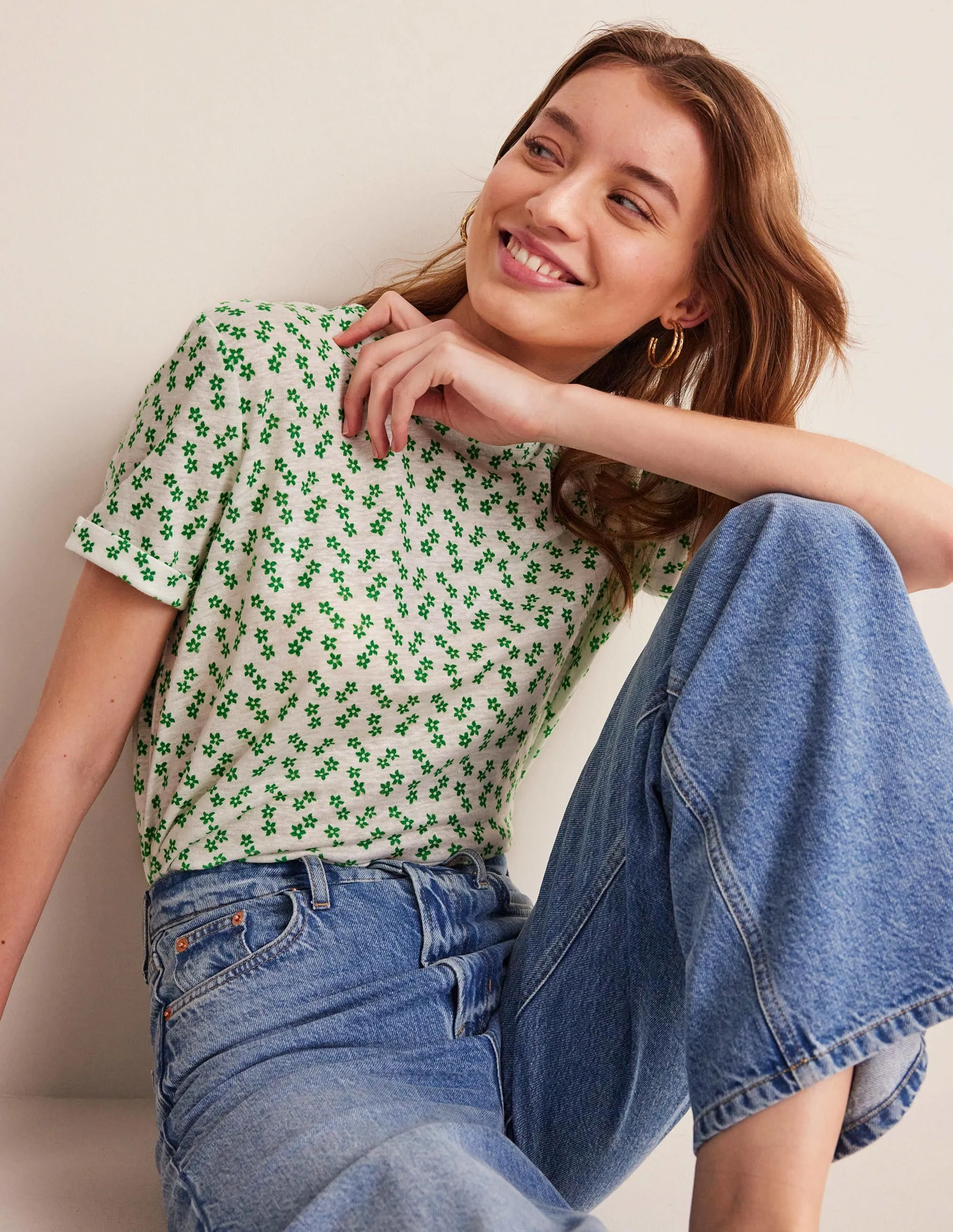 Printed Linen T-shirt-Ivory, Spaced Ditsy