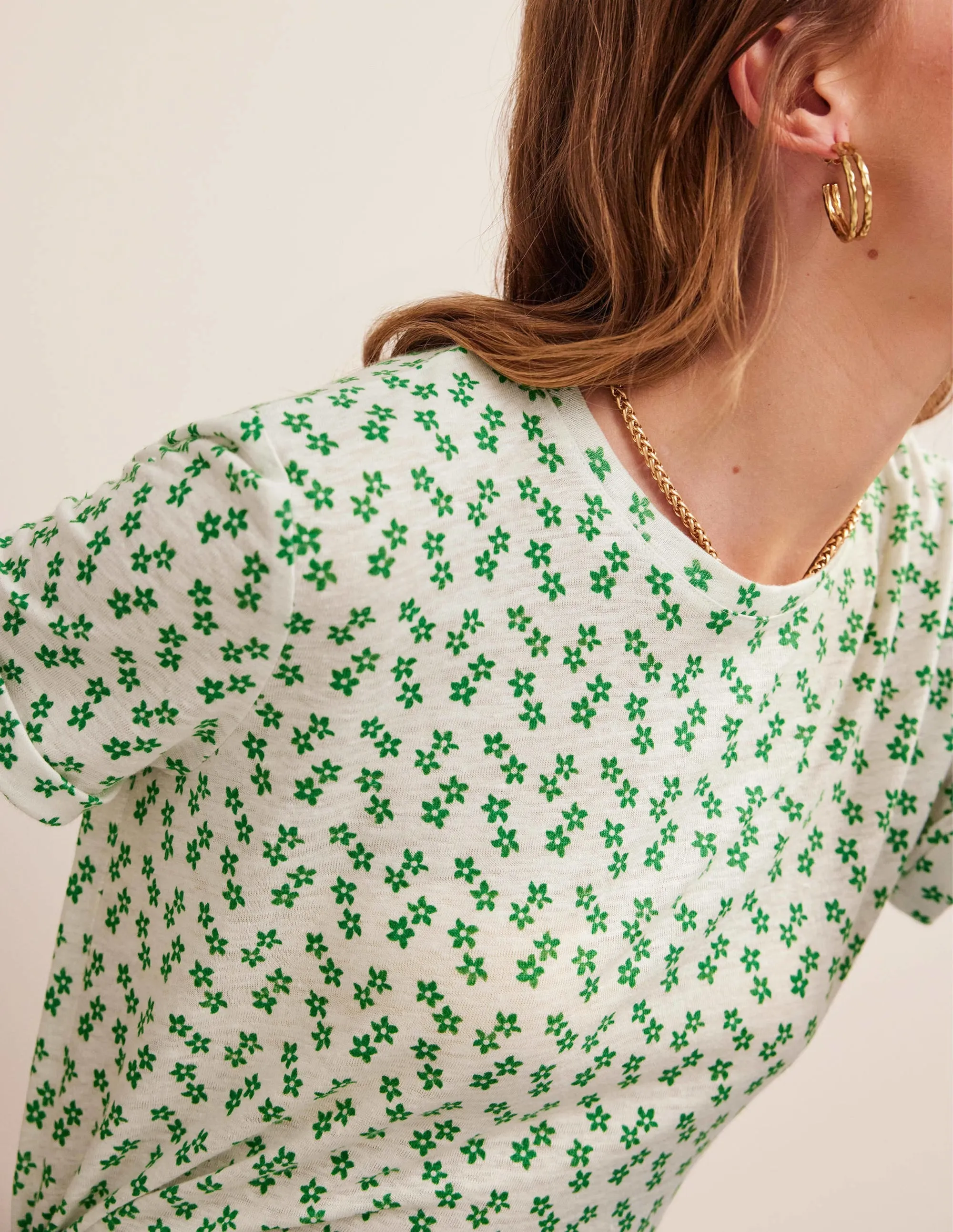 Printed Linen T-shirt-Ivory, Spaced Ditsy
