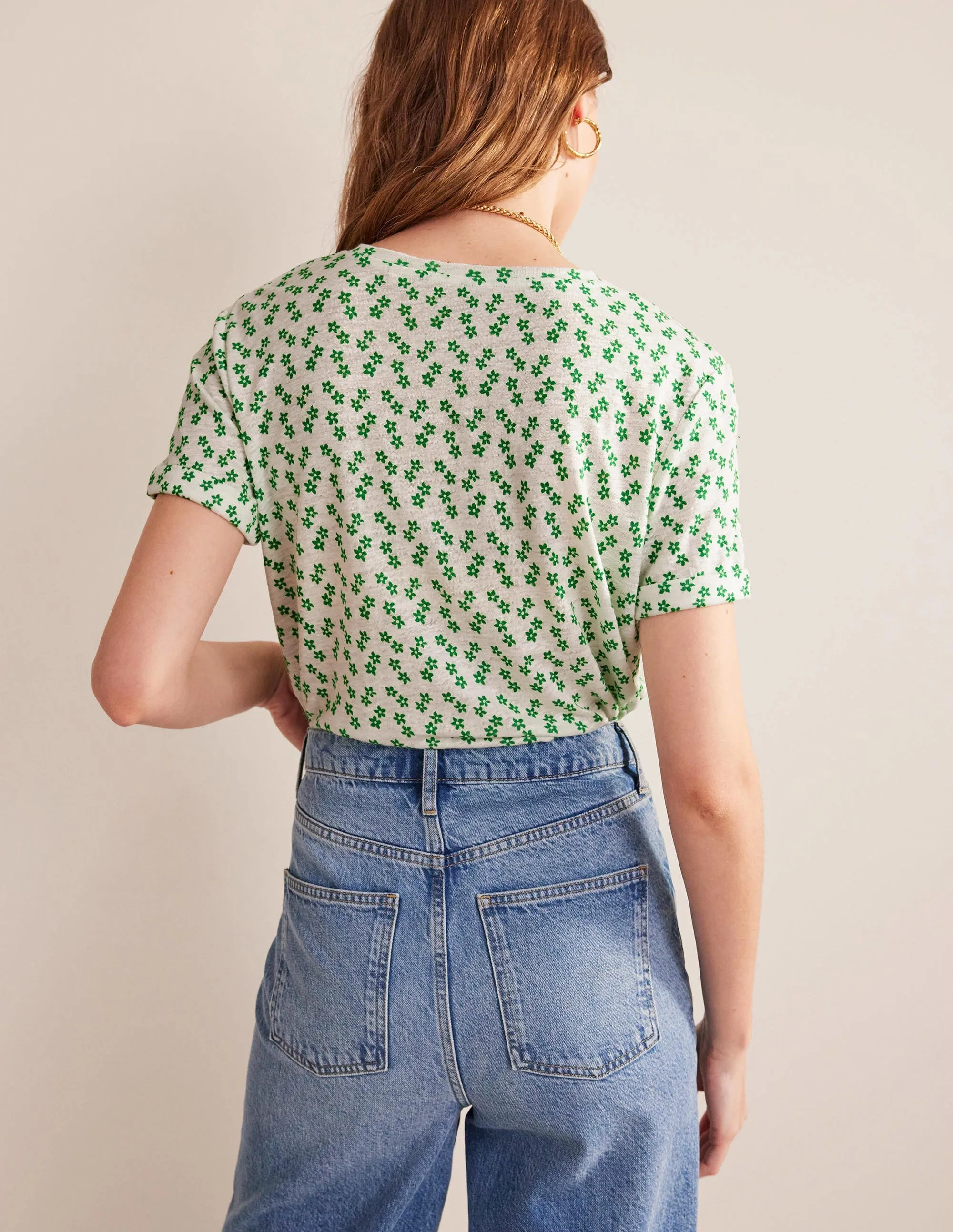 Printed Linen T-shirt-Ivory, Spaced Ditsy