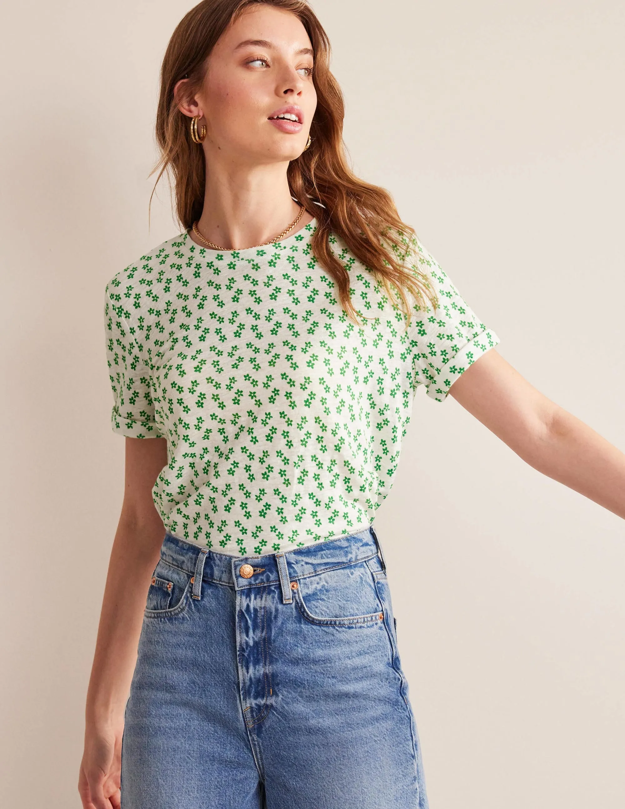 Printed Linen T-shirt-Ivory, Spaced Ditsy