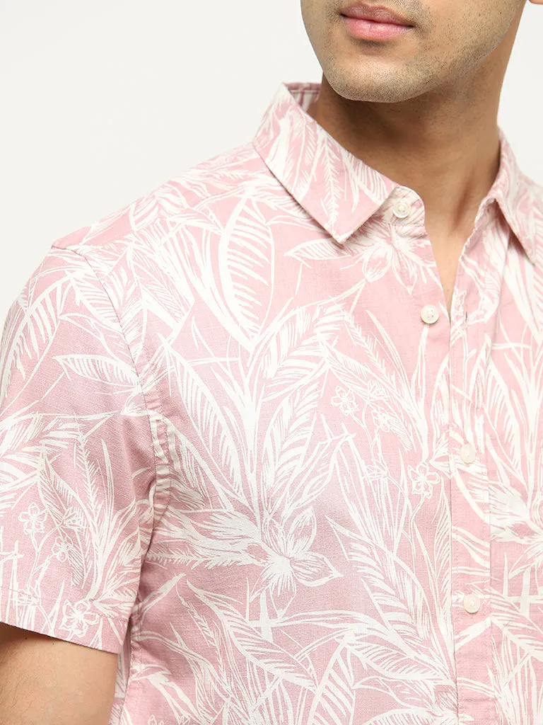 WES Casuals Pink Foliage Design Slim-Fit Cotton Shirt