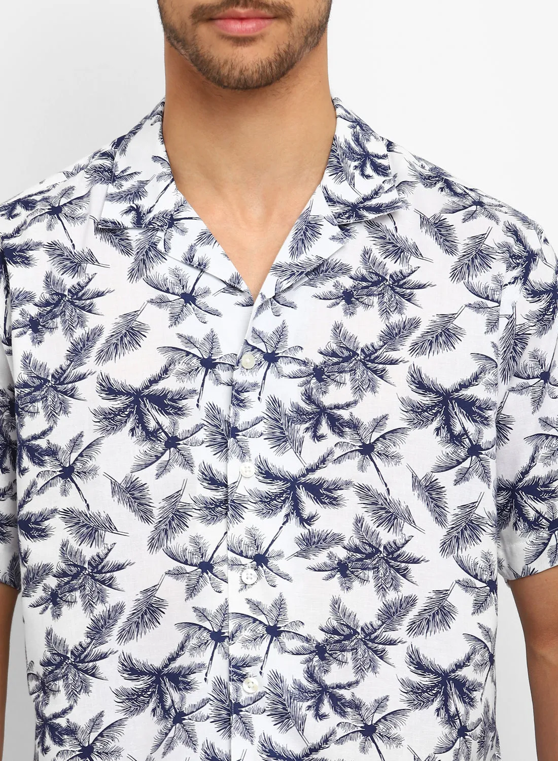 White & Blue Cotton Linen Printed Half Sleeve Shirt