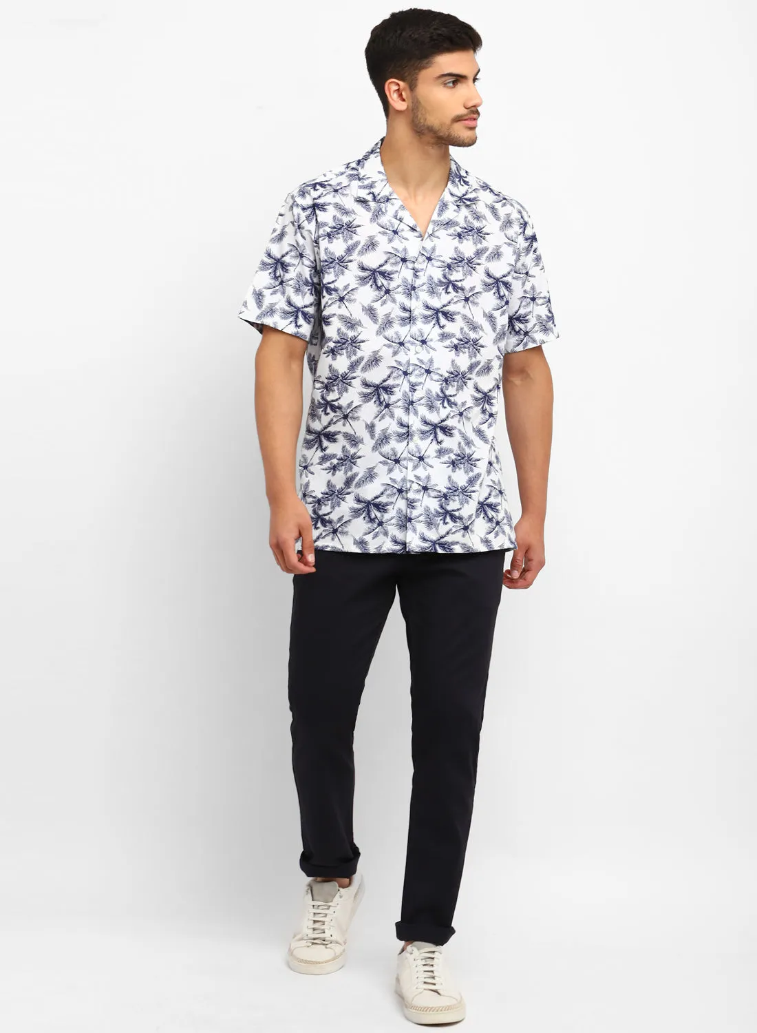 White & Blue Cotton Linen Printed Half Sleeve Shirt