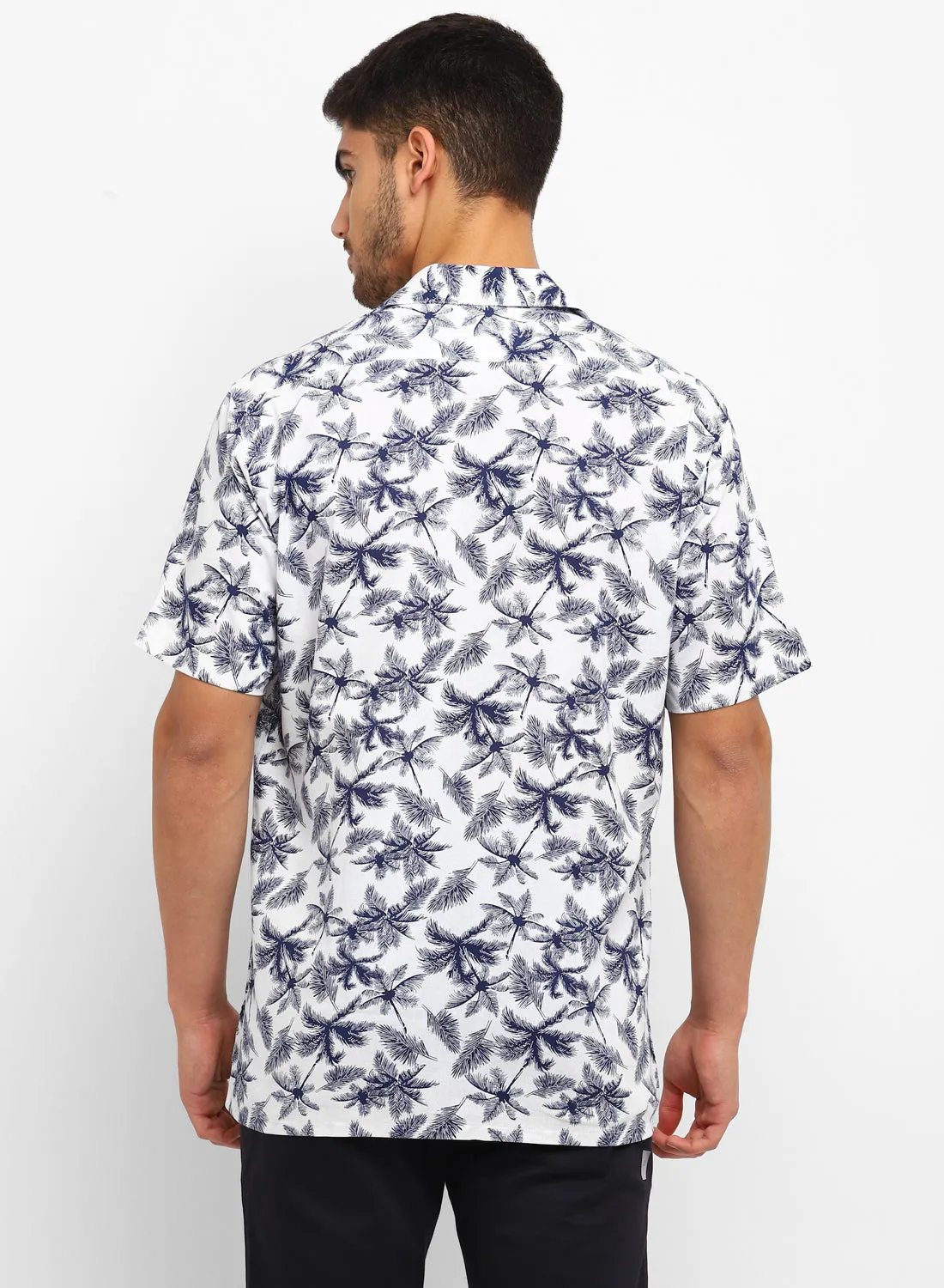 White & Blue Cotton Linen Printed Half Sleeve Shirt