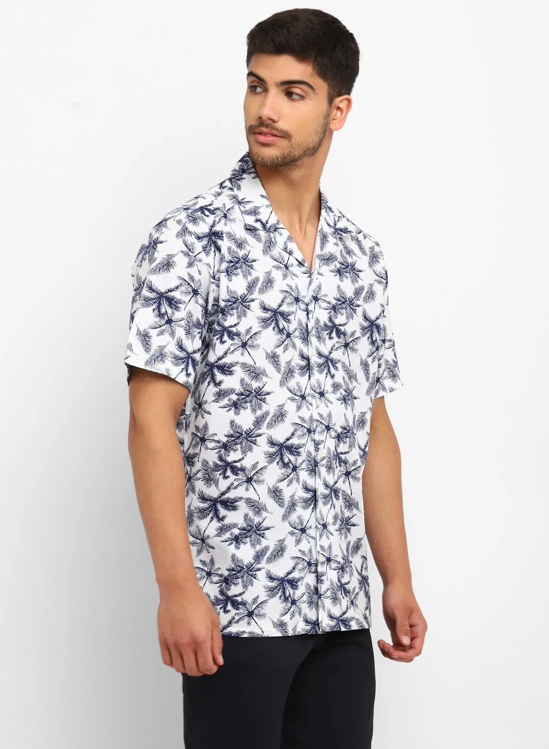 White & Blue Cotton Linen Printed Half Sleeve Shirt