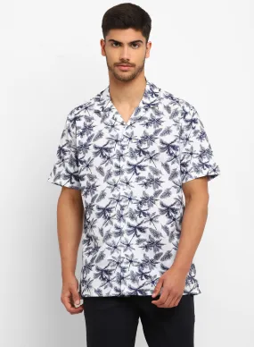 White & Blue Cotton Linen Printed Half Sleeve Shirt