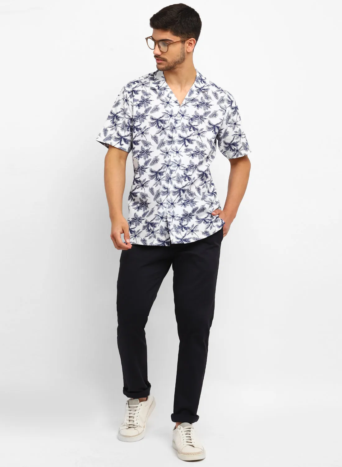 White & Blue Cotton Linen Printed Half Sleeve Shirt