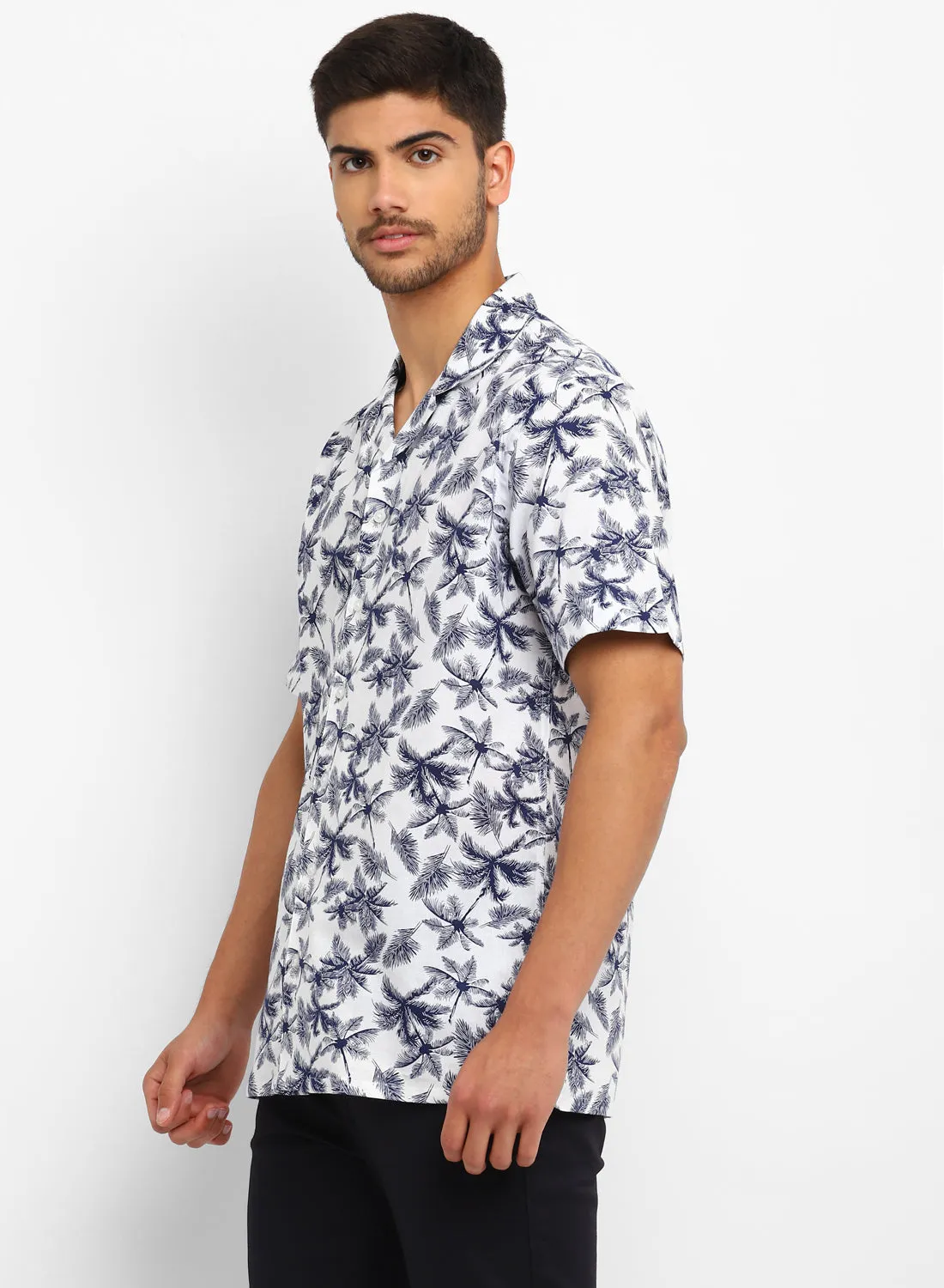 White & Blue Cotton Linen Printed Half Sleeve Shirt