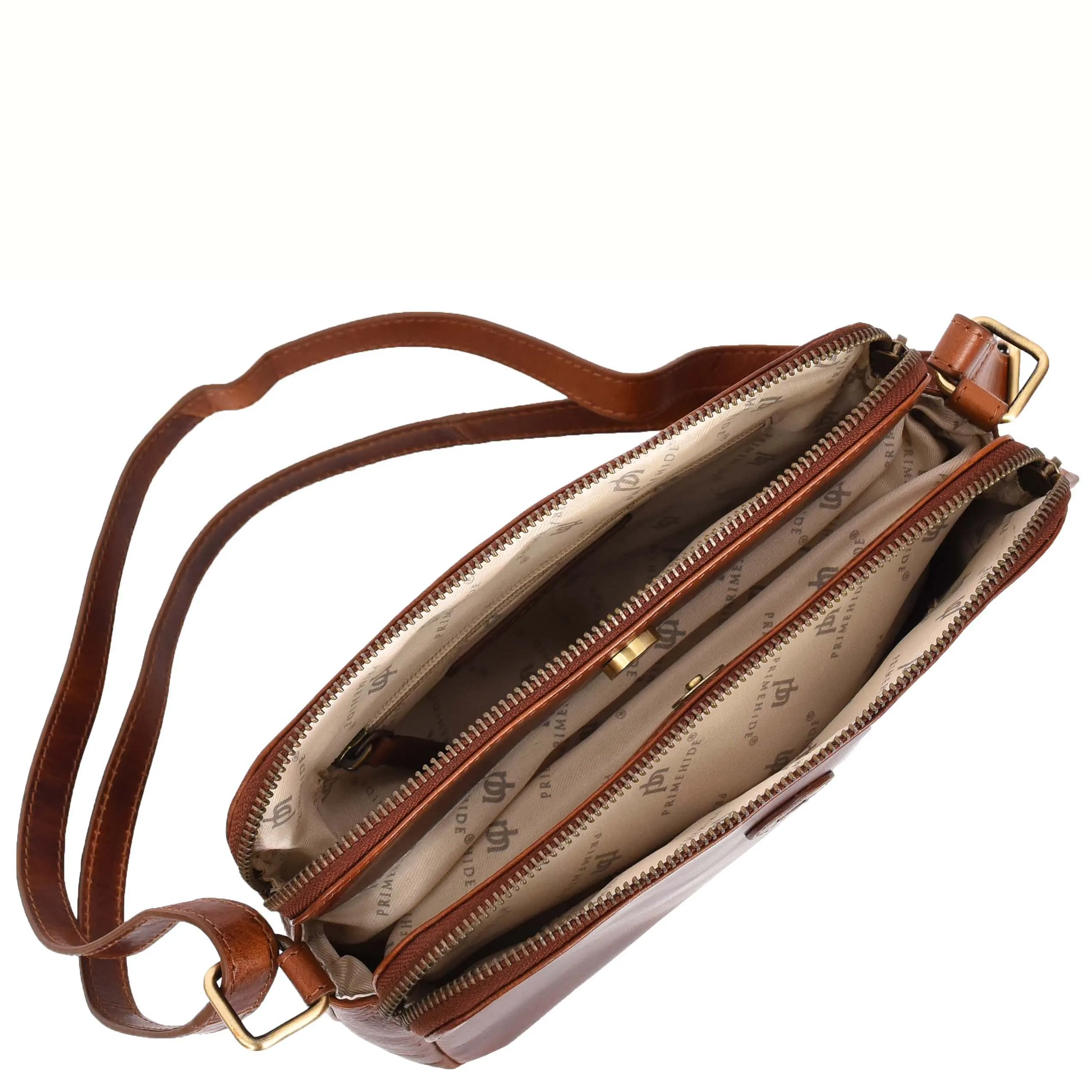 Womens Leather Crossbody Bag Classic Twin Zip Top Organiser A800 Cognac