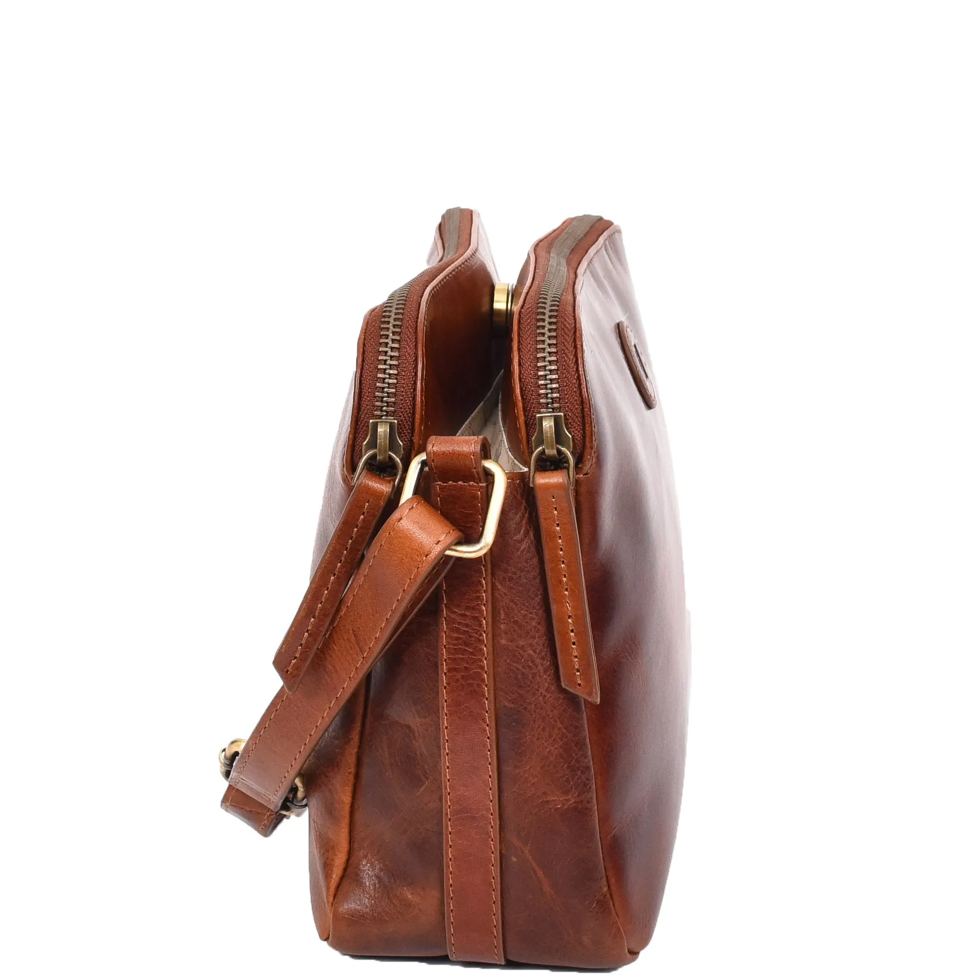Womens Leather Crossbody Bag Classic Twin Zip Top Organiser A800 Cognac