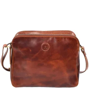 Womens Leather Crossbody Bag Classic Twin Zip Top Organiser A800 Cognac