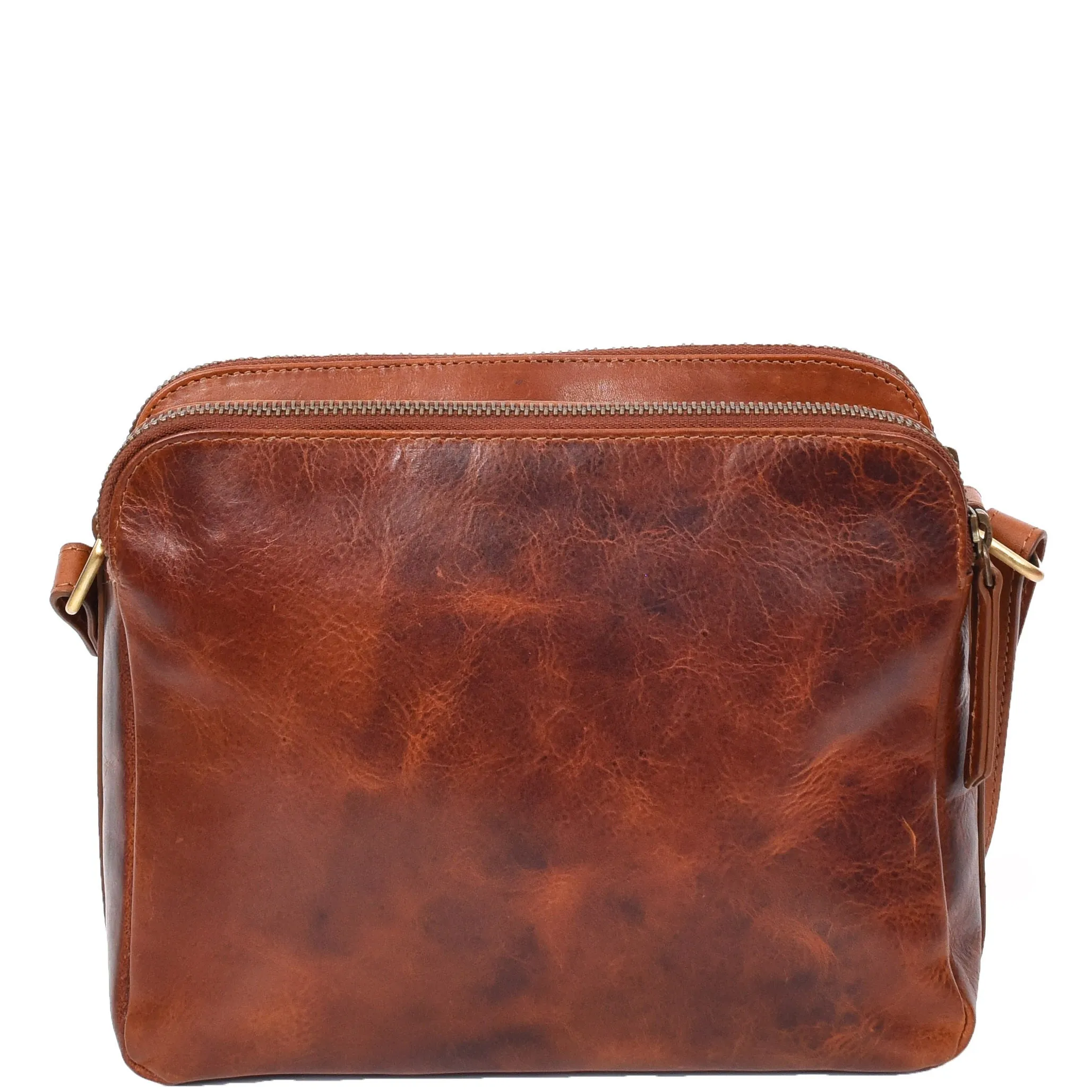 Womens Leather Crossbody Bag Classic Twin Zip Top Organiser A800 Cognac