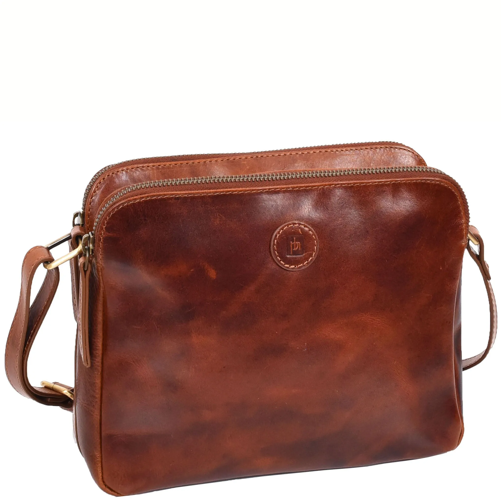 Womens Leather Crossbody Bag Classic Twin Zip Top Organiser A800 Cognac