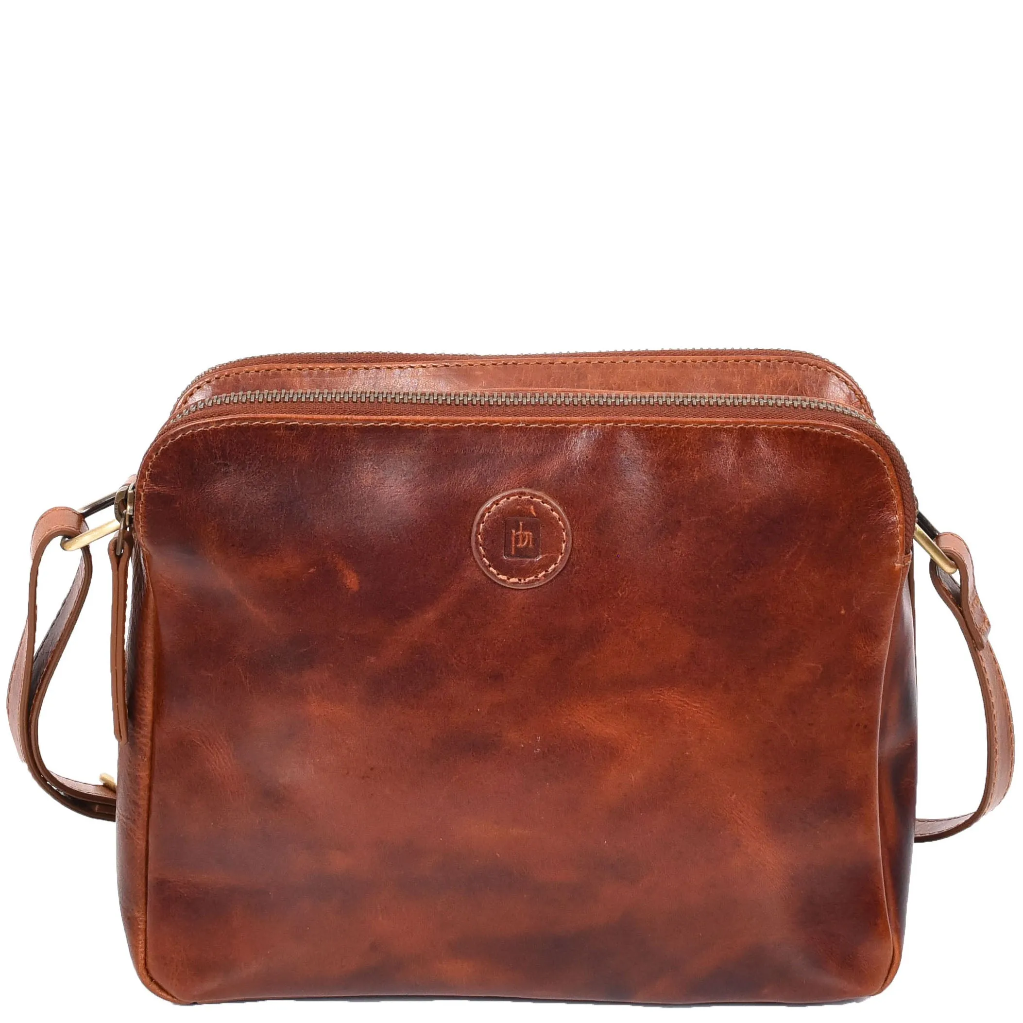 Womens Leather Crossbody Bag Classic Twin Zip Top Organiser A800 Cognac