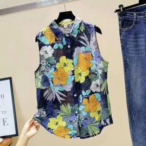 Women's Spring/Summer Cotton Blouse – Peter Pan Collar Printed Sleeveless Top, Loose Fit Korean Style Shirt