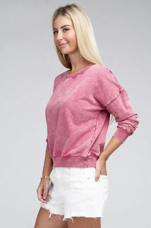 ZENANA French Terry Acid Wash Boat Neck Pullover