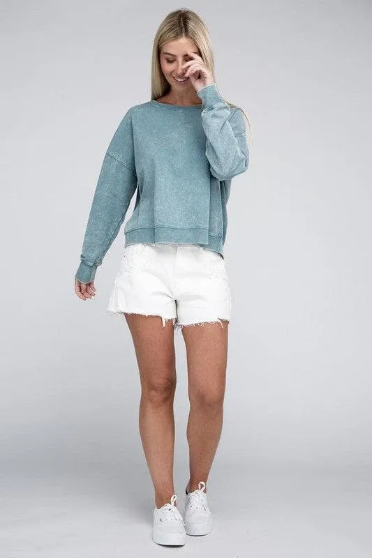 ZENANA French Terry Acid Wash Boat Neck Pullover
