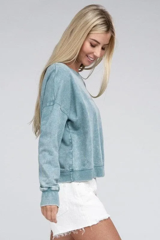 ZENANA French Terry Acid Wash Boat Neck Pullover