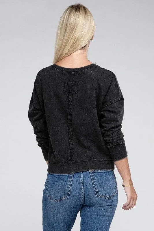 ZENANA French Terry Acid Wash Boat Neck Pullover