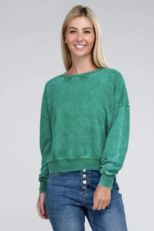 ZENANA French Terry Acid Wash Boat Neck Pullover