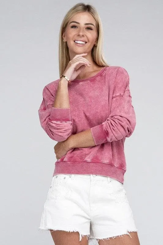 ZENANA French Terry Acid Wash Boat Neck Pullover