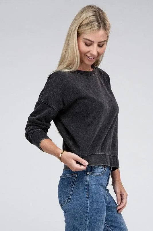 ZENANA French Terry Acid Wash Boat Neck Pullover